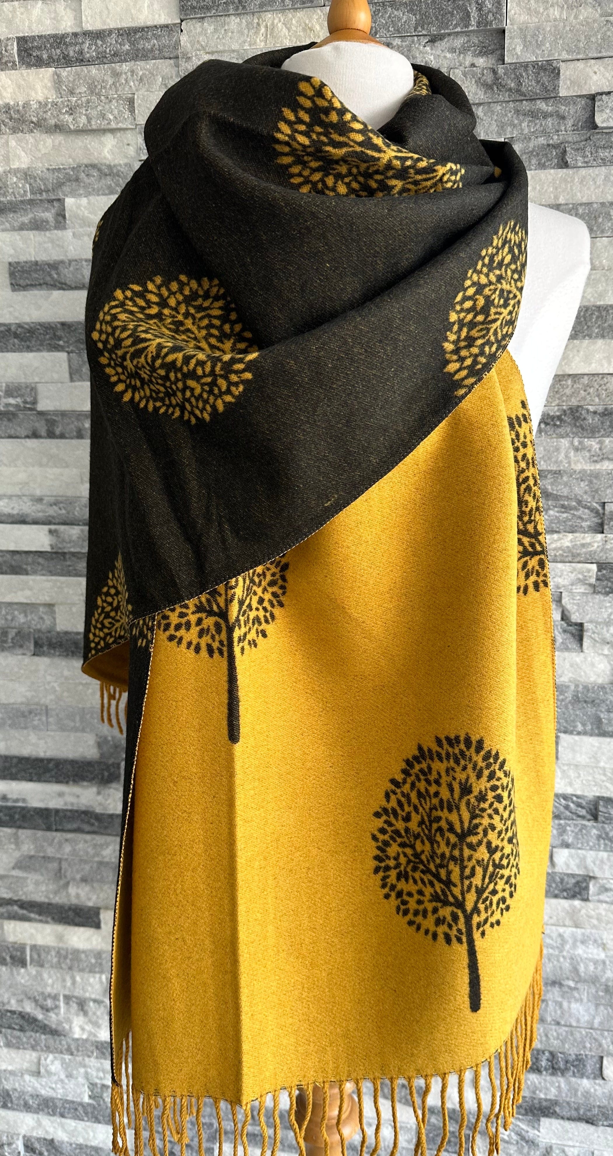 lusciousscarves Mustard and Black Mulberry Tree Scarf / Wrap , Cashmere Blend