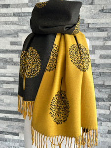 lusciousscarves Mustard and Black Mulberry Tree Scarf / Wrap , Cashmere Blend