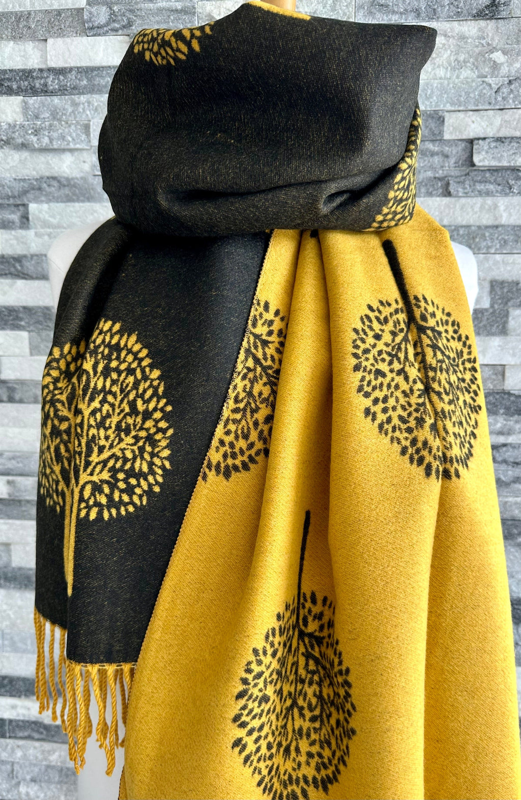 lusciousscarves Mustard and Black Mulberry Tree Scarf / Wrap , Cashmere Blend