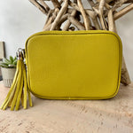 Load image into Gallery viewer, lusciousscarves Mustard Yellow Italian Leather Exclusive Camera Bag.
