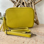 Load image into Gallery viewer, lusciousscarves Mustard Yellow Italian Leather Exclusive Camera Bag.
