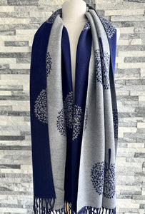 lusciousscarves Navy and Grey Reversible Mulberry Tree Scarf / Wrap , Cashmere Blend