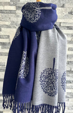 Load image into Gallery viewer, lusciousscarves Navy and Grey Reversible Mulberry Tree Scarf / Wrap , Cashmere Blend
