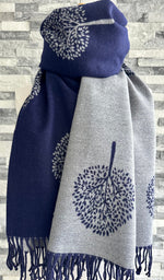 Load image into Gallery viewer, lusciousscarves Navy and Grey Reversible Mulberry Tree Scarf / Wrap , Cashmere Blend
