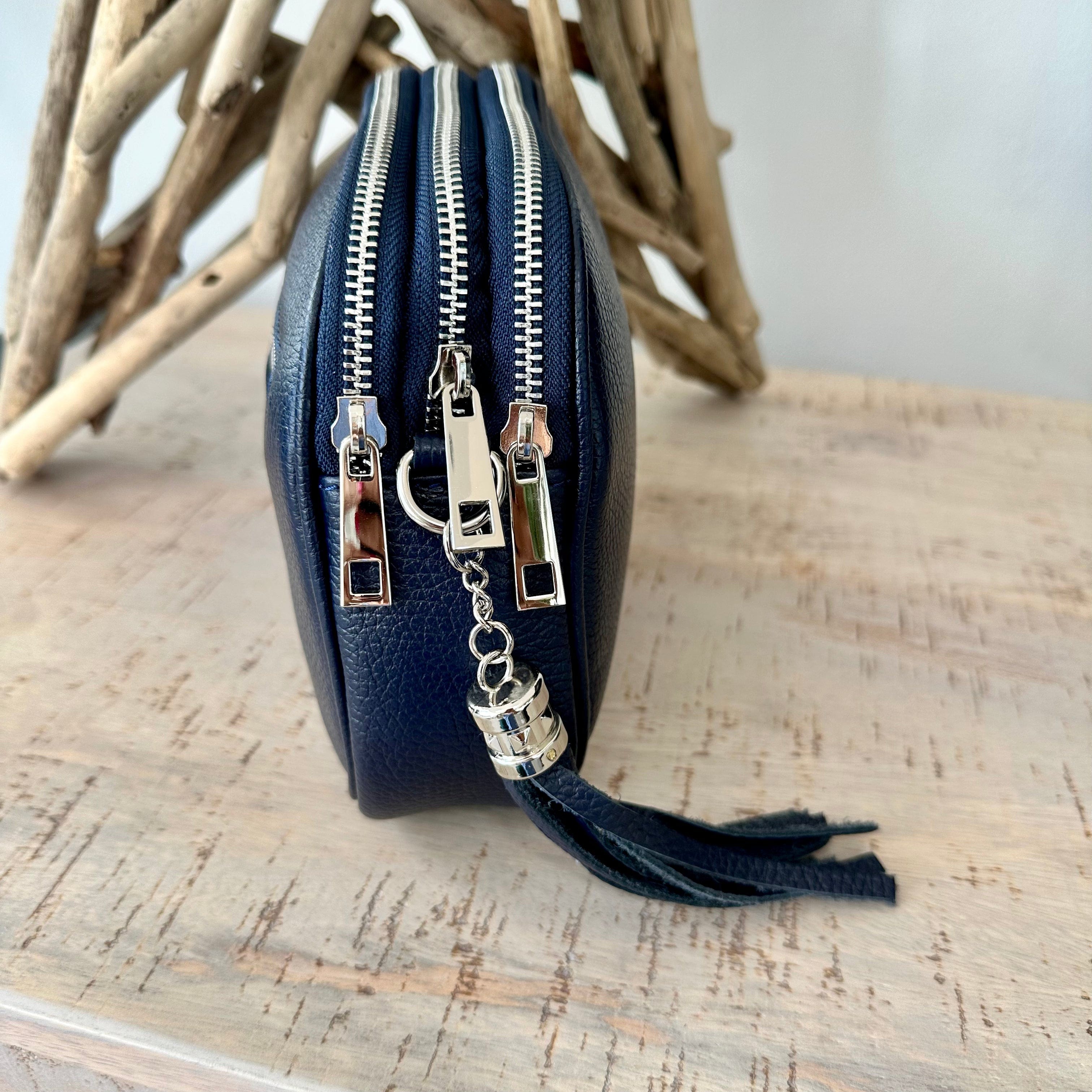 lusciousscarves Navy Blue Triple Zip Italian Leather Crossbody Camera Bag