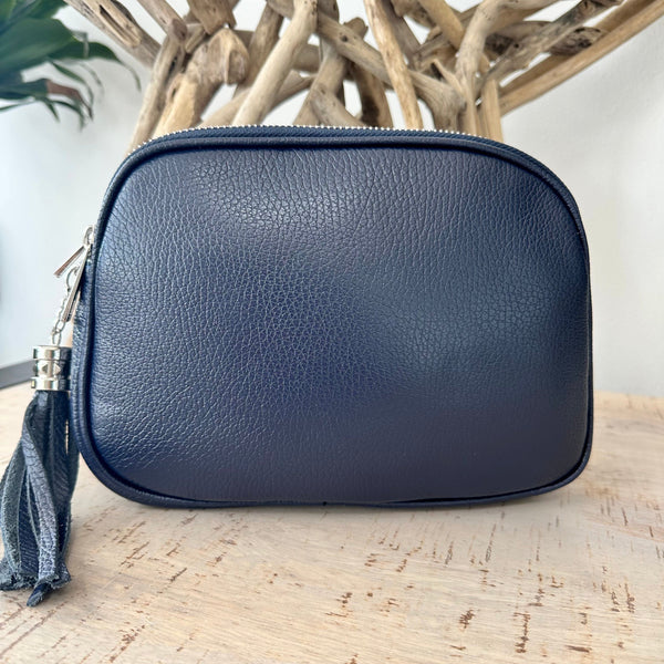 Navy Blue Italian Leather Crossbody Camera Bag Handbag with Triple Z luscious scarves