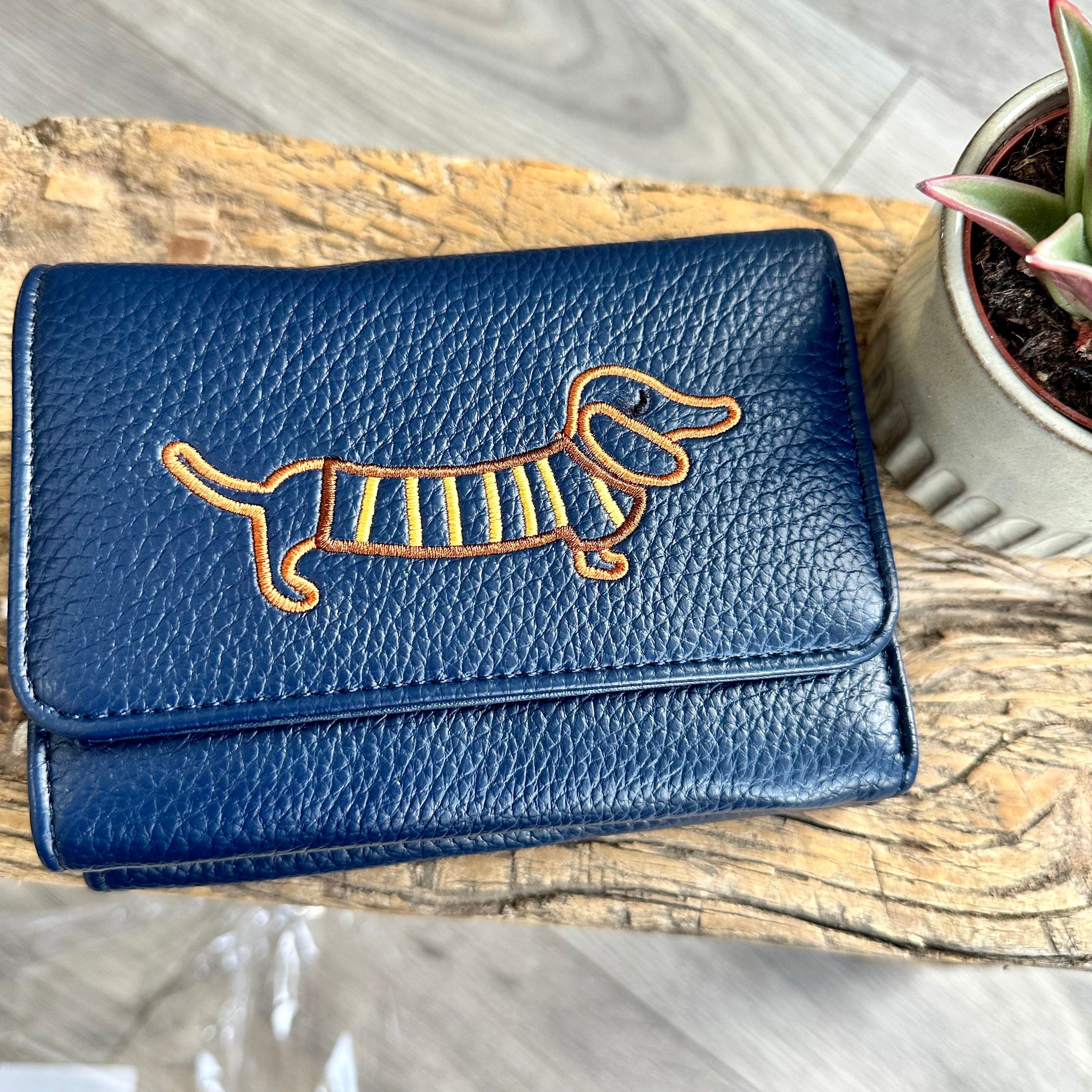 lusciousscarves Navy Embroidered Sausage Dog , Dachshund Wallet Zip Purse