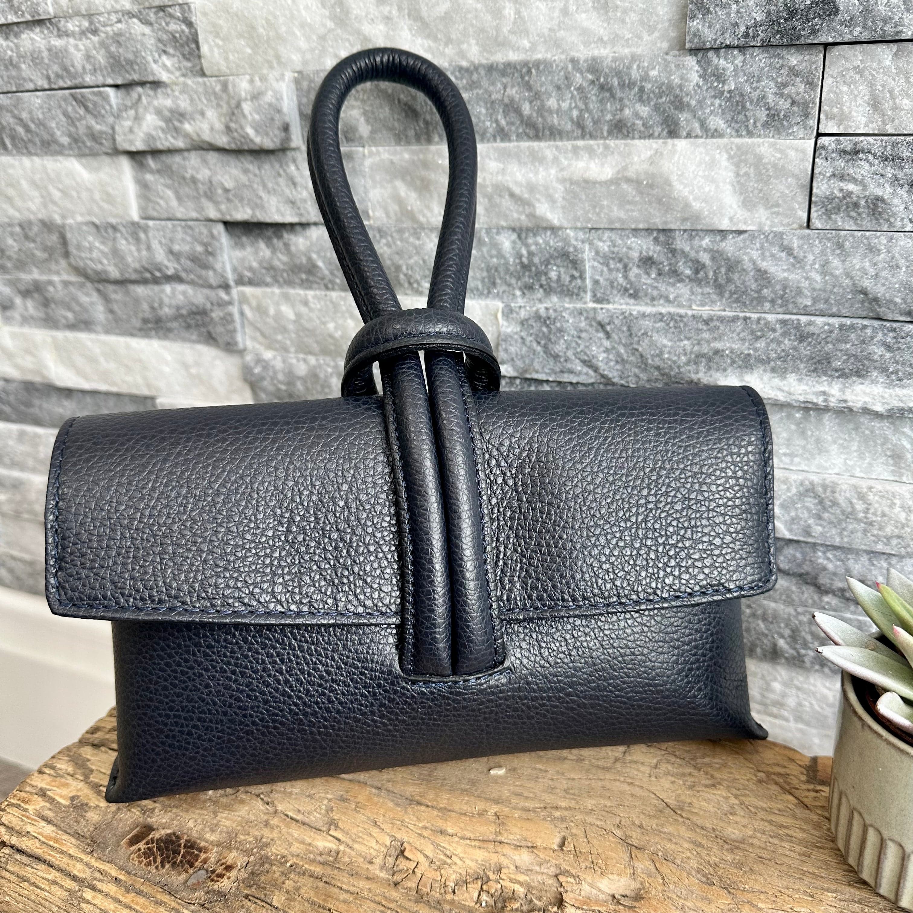 lusciousscarves Navy Italian Leather Clutch Bag with Loop Handle