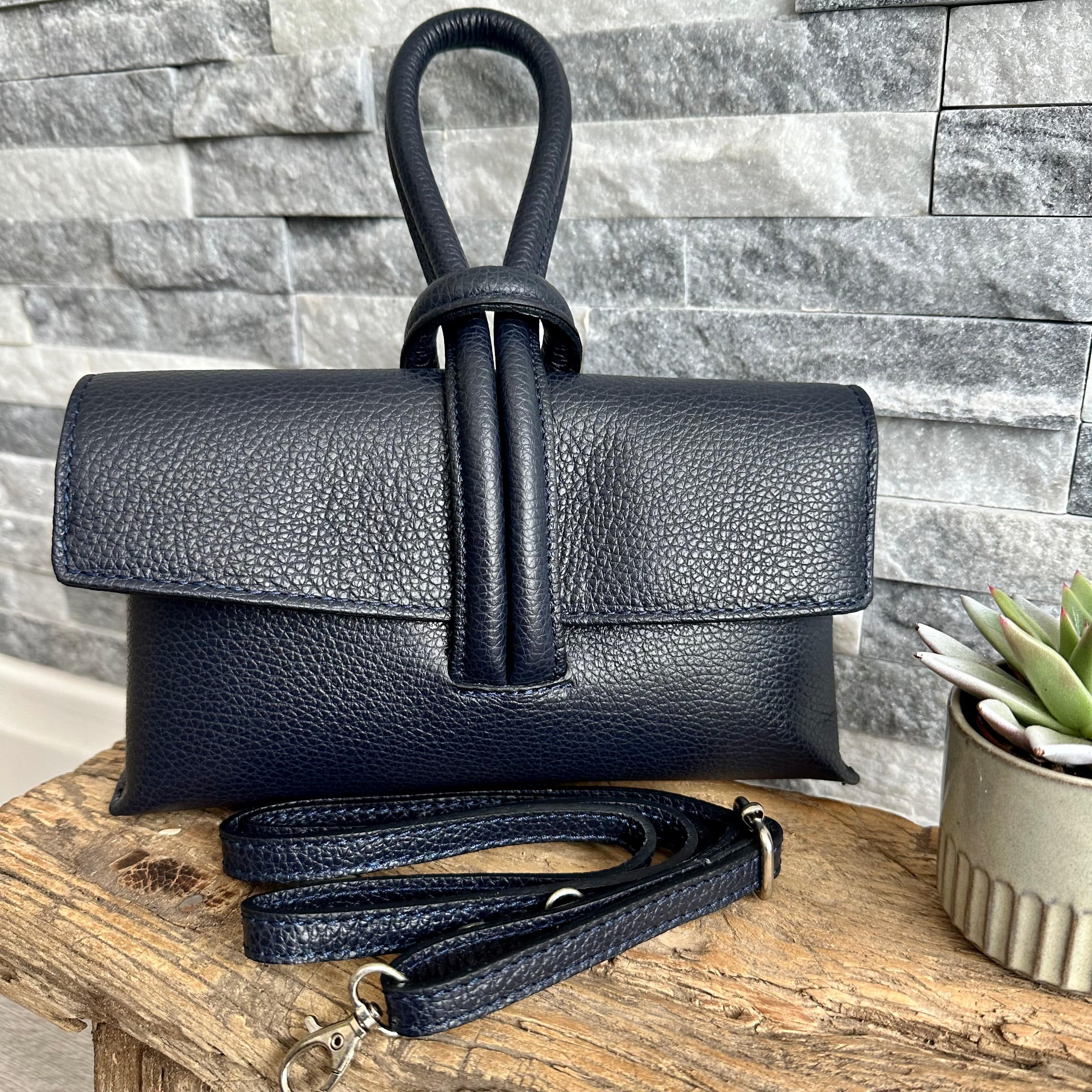 lusciousscarves Navy Italian Leather Clutch Bag with Loop Handle
