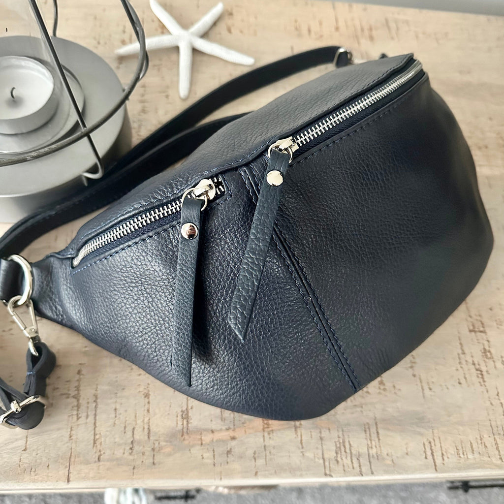 lusciousscarves Navy Italian Leather Large Sling/Chest Bag