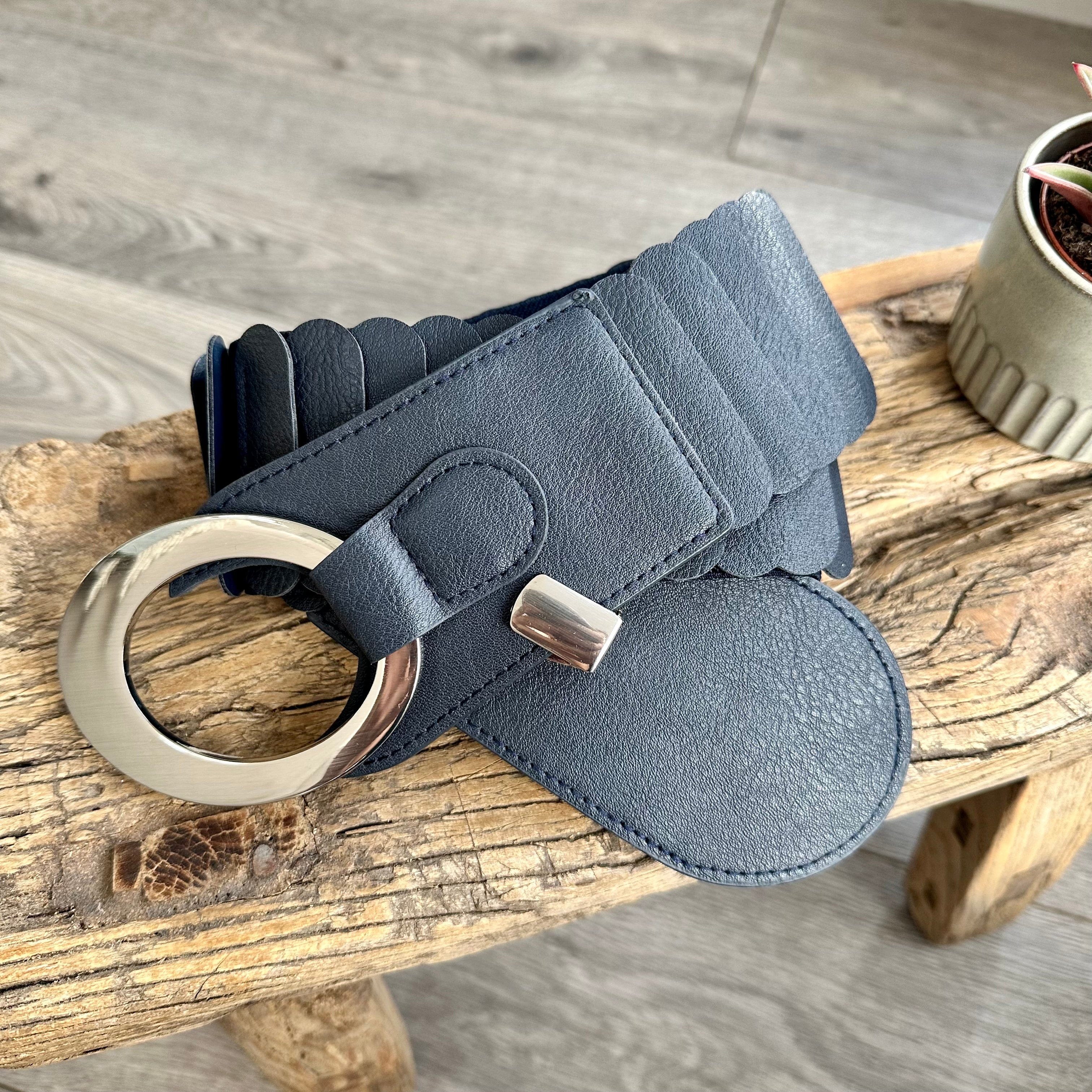 lusciousscarves Navy Ladies Faux Leather Stretchy Waist Belt with Chrome Loop and Hook.