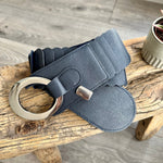 Load image into Gallery viewer, lusciousscarves Navy Ladies Faux Leather Stretchy Waist Belt with Chrome Loop and Hook.
