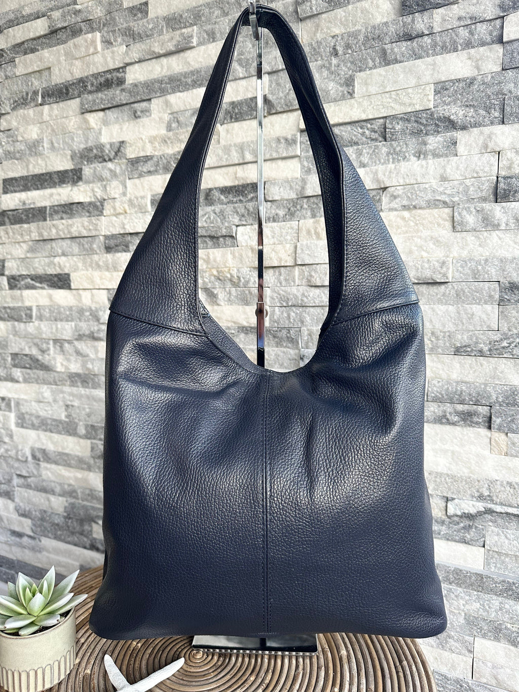 lusciousscarves Navy Leather Classic Hobo Style Shoulder Bag.