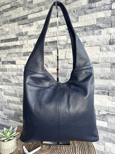 Navy Leather Classic Hobo Style Shoulder Bag Handbag