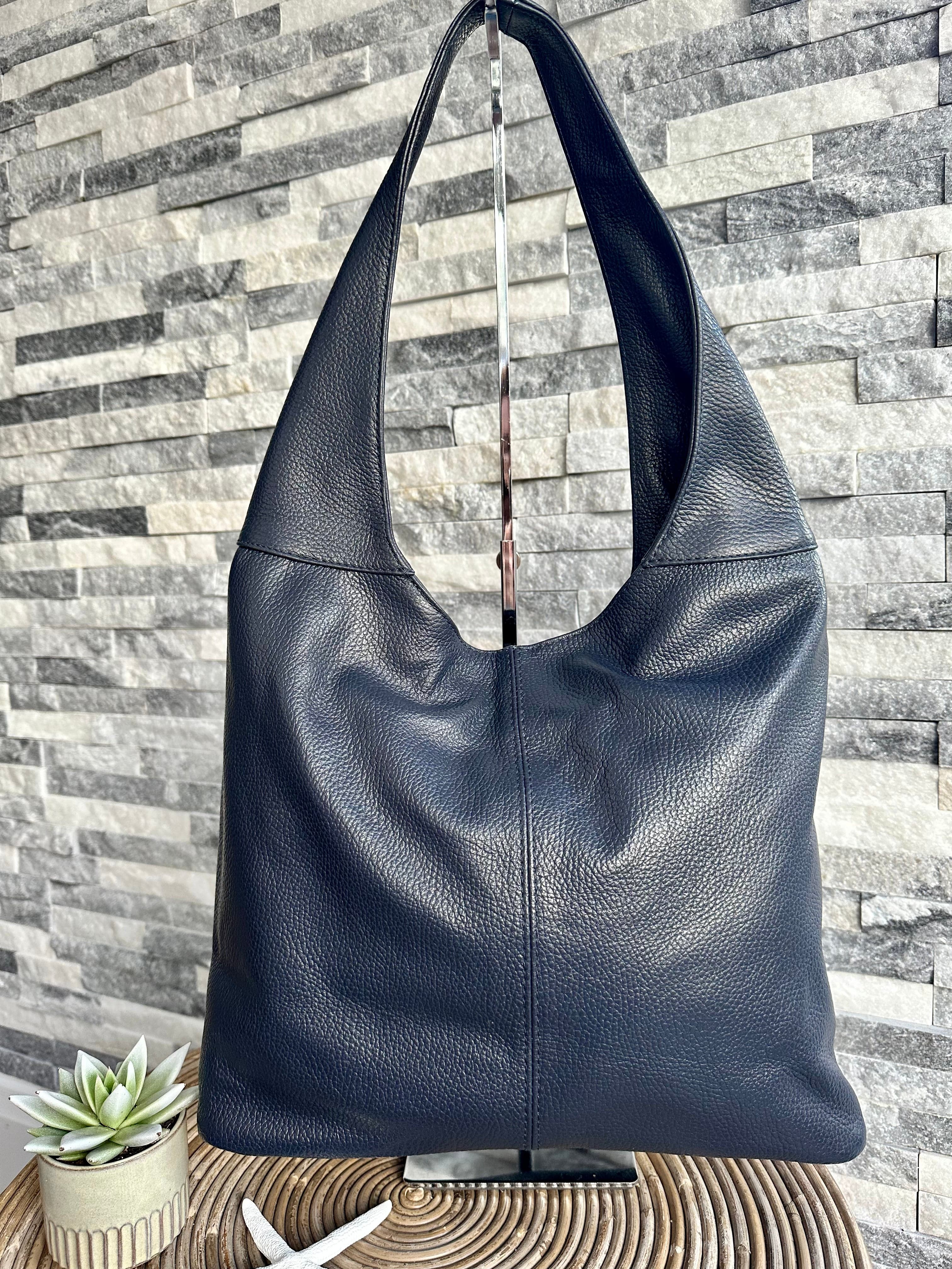 lusciousscarves Navy Leather Classic Hobo Style Shoulder Bag.