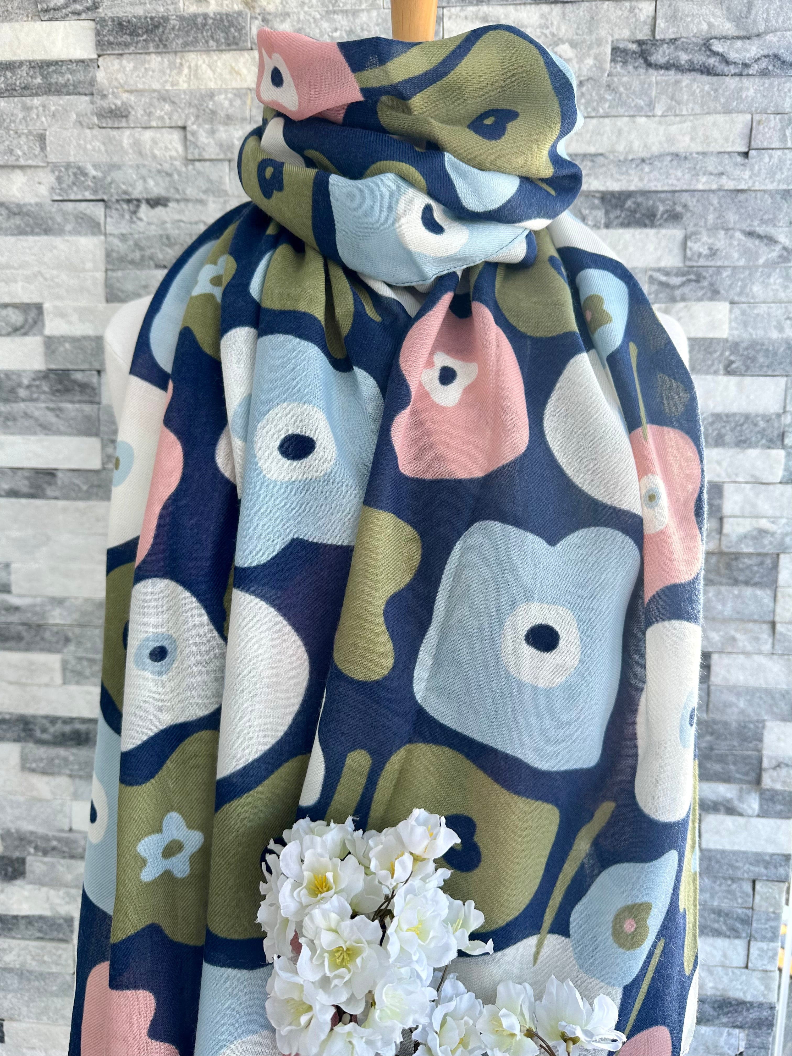 lusciousscarves Navy Painted Floral Design Scarf.