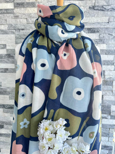 lusciousscarves Navy Painted Floral Design Scarf.