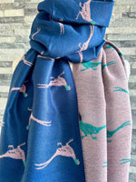 Load image into Gallery viewer, lusciousscarves Navy , Pink and Teal Reversible Scarf / Shawl With Pheasants Design
