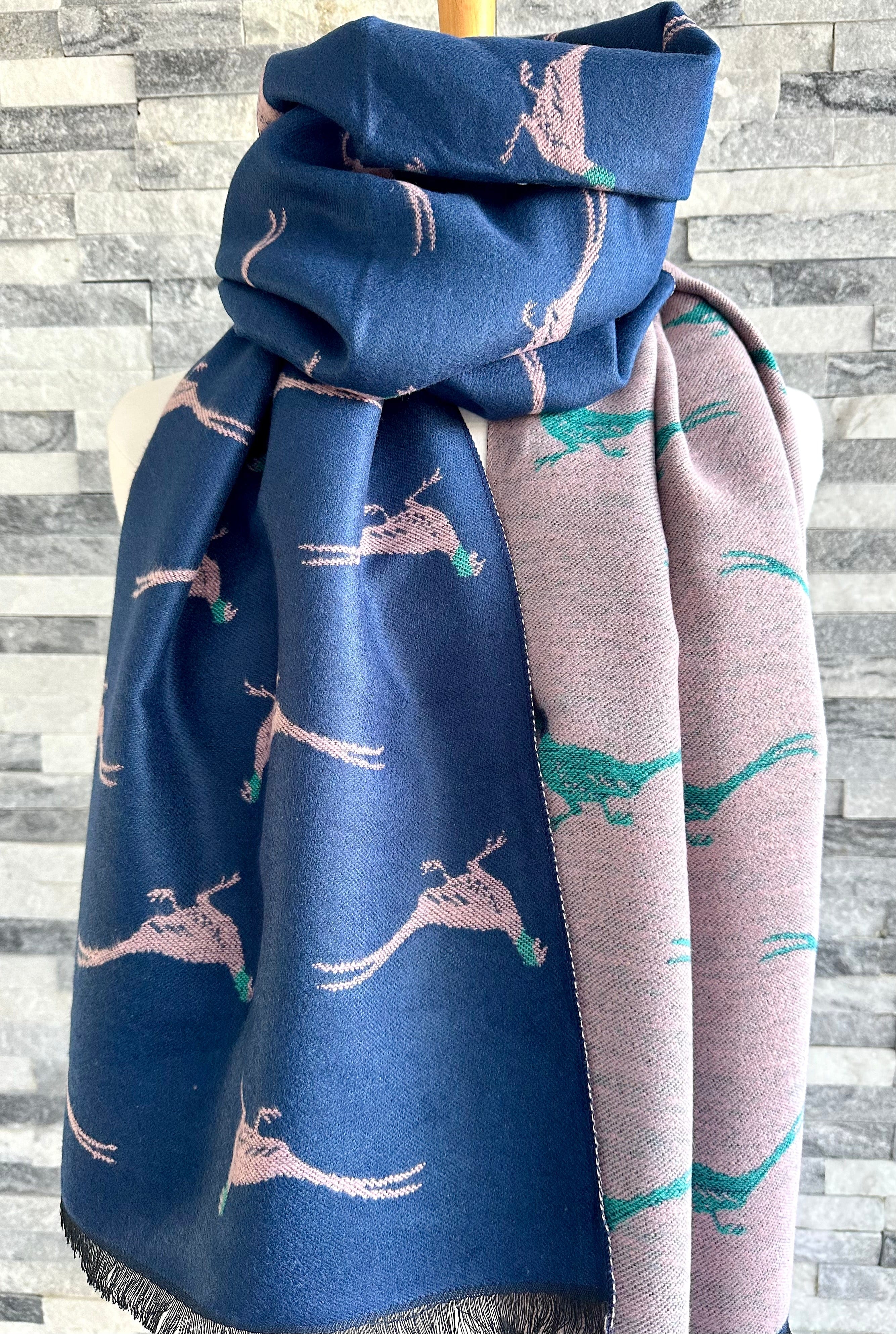 lusciousscarves Navy , Pink and Teal Reversible Scarf / Shawl With Pheasants Design