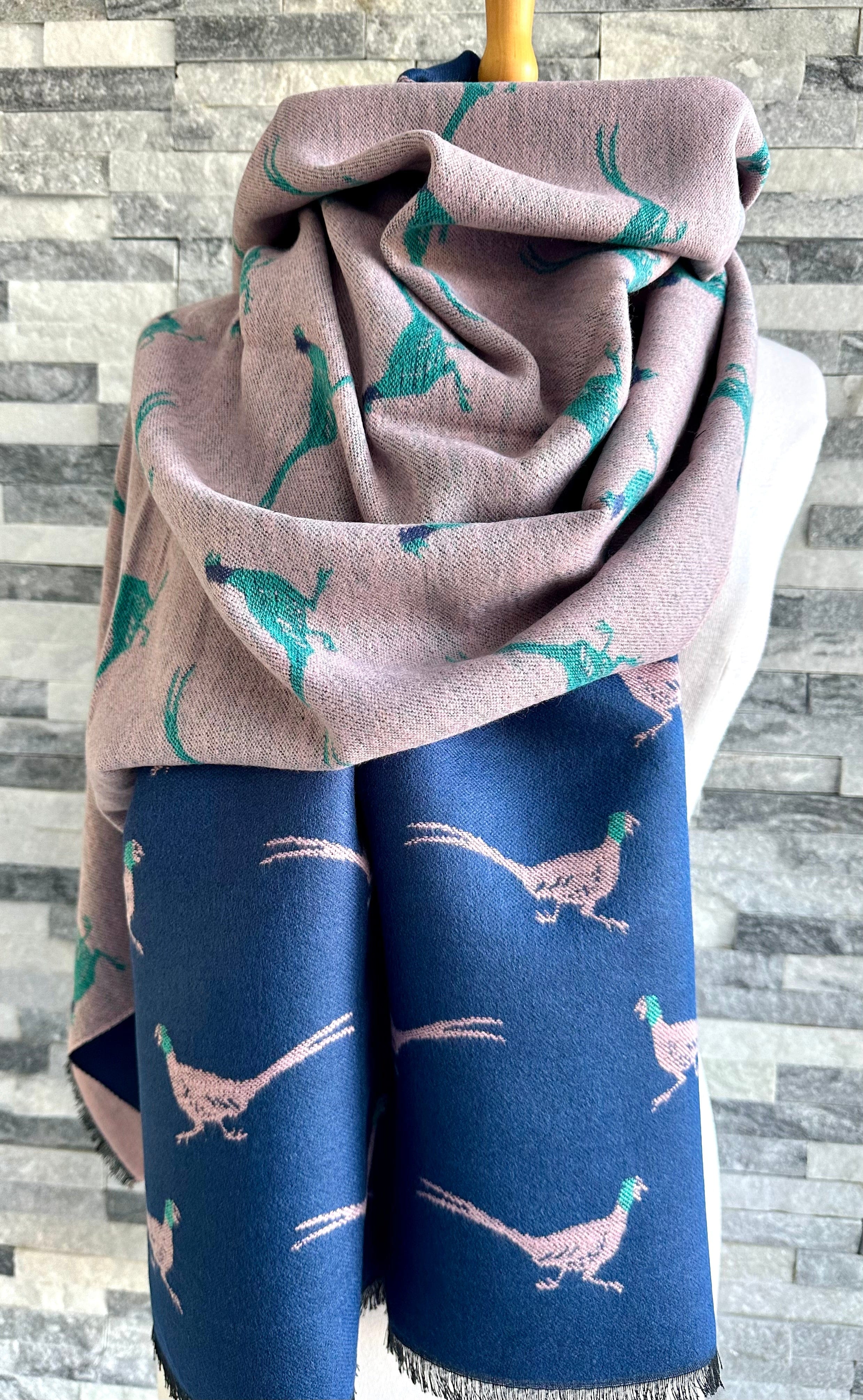 lusciousscarves Navy , Pink and Teal Reversible Scarf / Shawl With Pheasants Design