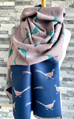 Load image into Gallery viewer, lusciousscarves Navy , Pink and Teal Reversible Scarf / Shawl With Pheasants Design
