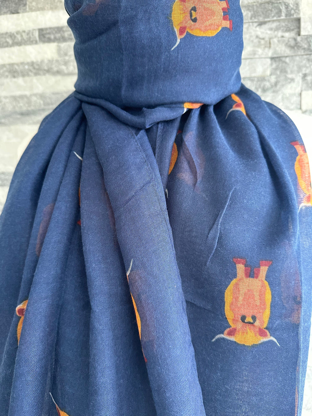 lusciousscarves Navy Scarf with a Highland Cow Design .