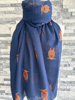 Load image into Gallery viewer, lusciousscarves Navy Scarf with a Highland Cow Design .
