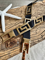 Load image into Gallery viewer, lusciousscarves Navy Slim Super Stretchy Geo Design Belt , Gold Hardware .
