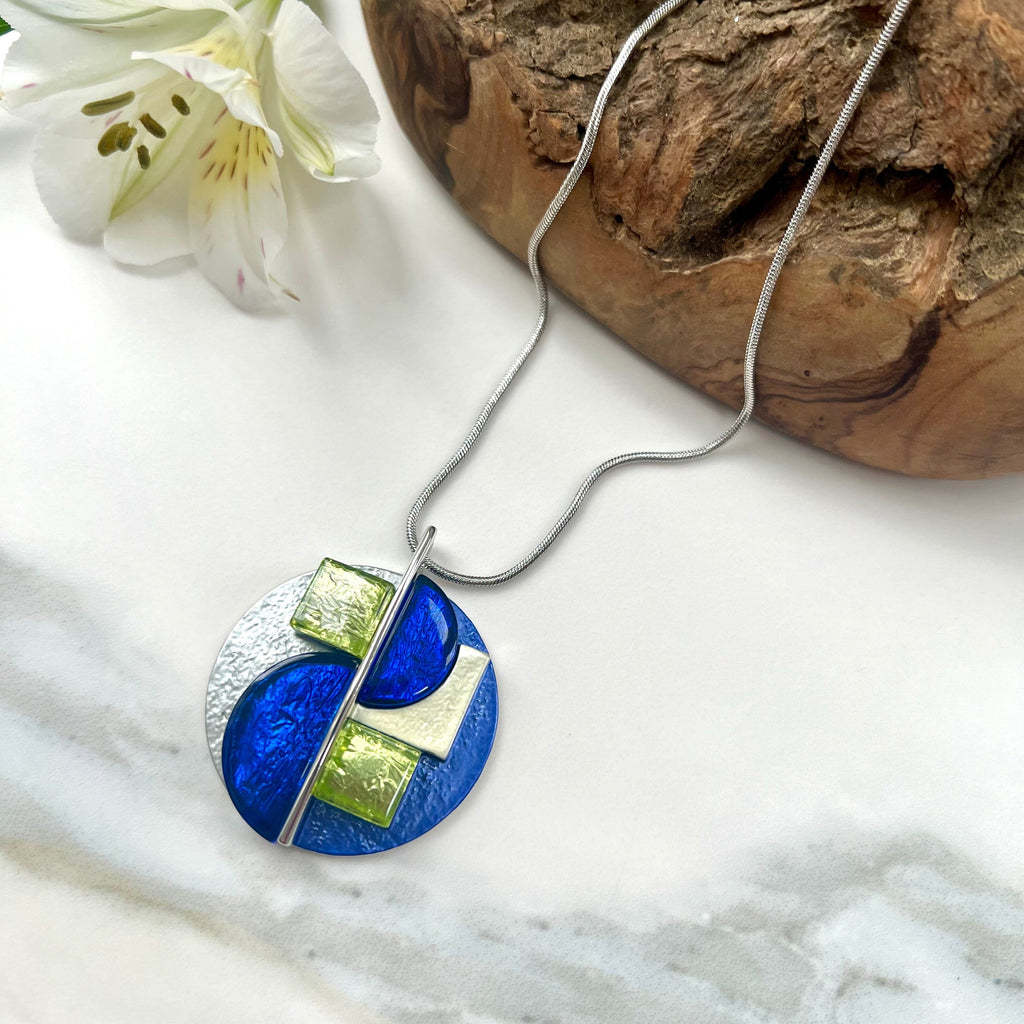 lusciousscarves Necklaces Miss Milly Blue , Silver & Lime Green Disc Necklace Pendant FN568