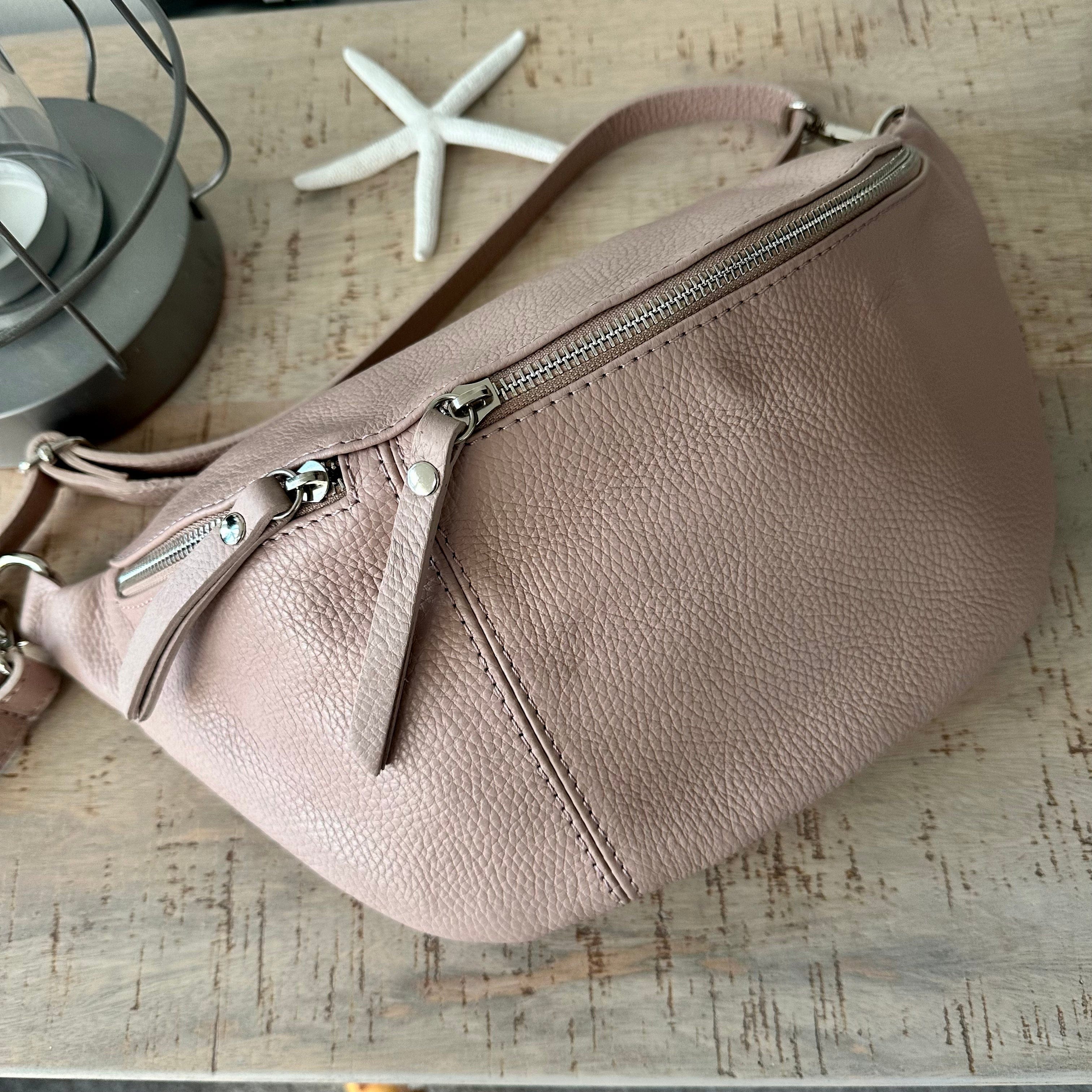 lusciousscarves Nude Pale Pink Large Italian Leather Sling Bag / Chest Bag.