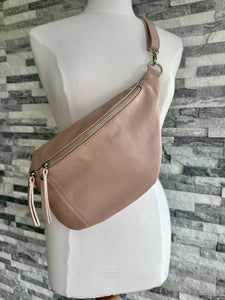 lusciousscarves Nude Pale Pink Large Italian Leather Sling Bag / Chest Bag.
