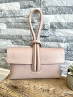 Load image into Gallery viewer, lusciousscarves Nude Pink Italian Leather Clutch Bag with Loop Handle.
