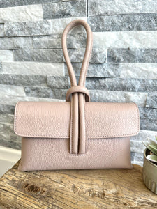 lusciousscarves Nude Pink Italian Leather Clutch Bag with Loop Handle.
