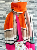 Load image into Gallery viewer, lusciousscarves Orange and Pink Bright Borders and Lines Scarf.
