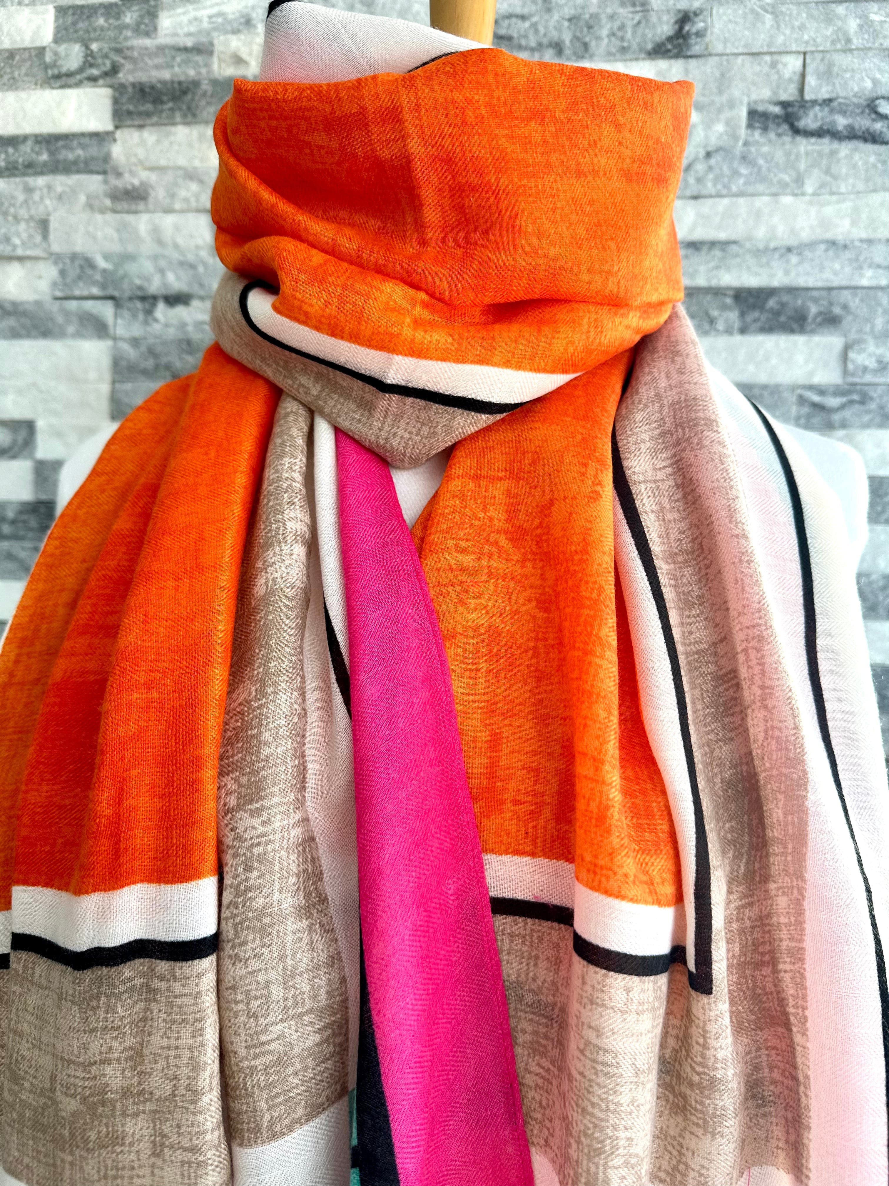 lusciousscarves Orange and Pink Bright Borders and Lines Scarf.