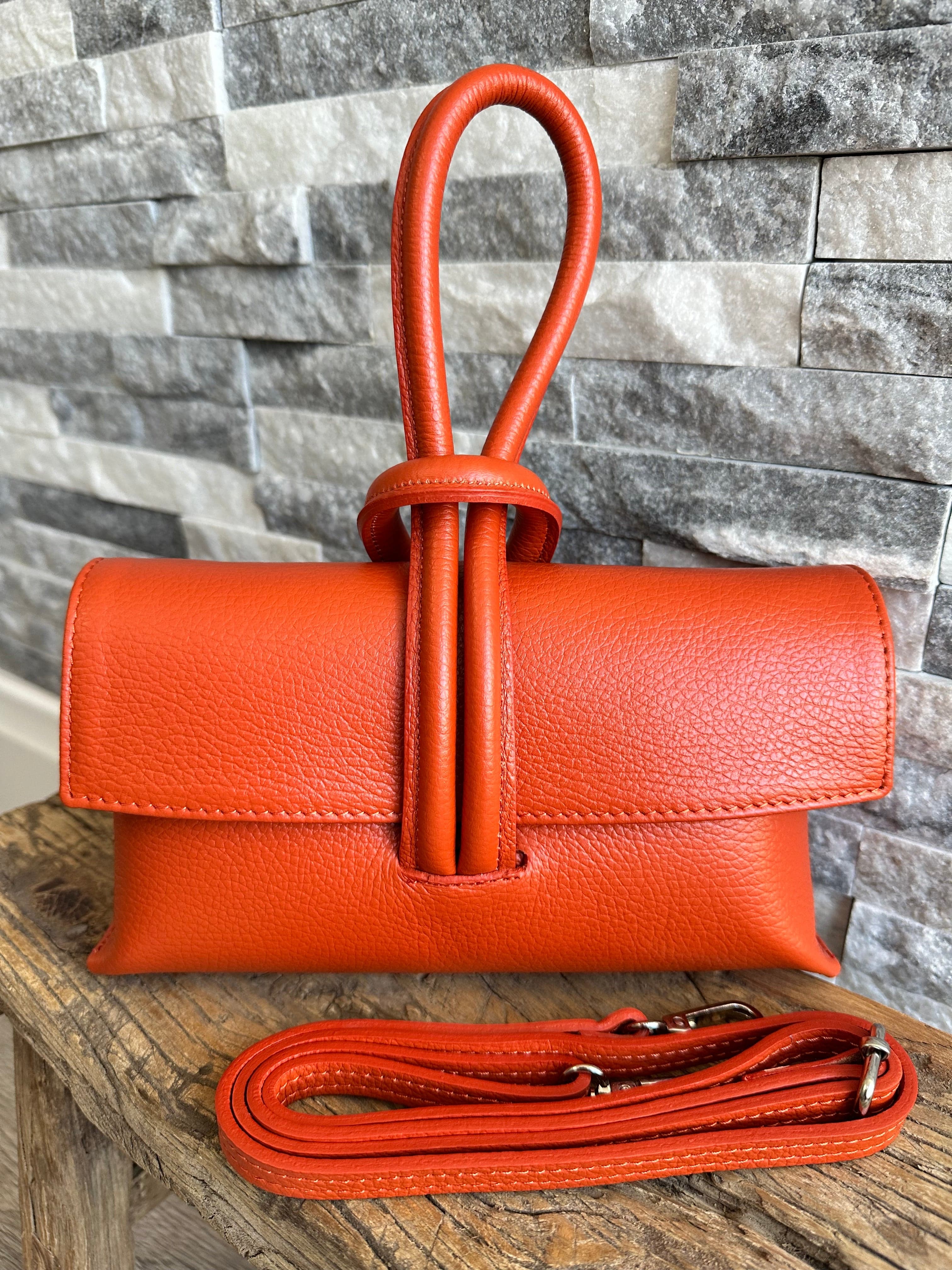 lusciousscarves Orange Italian Leather Clutch Bag with Loop Handle .
