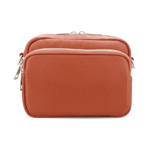 lusciousscarves Orange Italian Leather Crossbody Camera Bag with Double Zip , Front Pocket Compartment