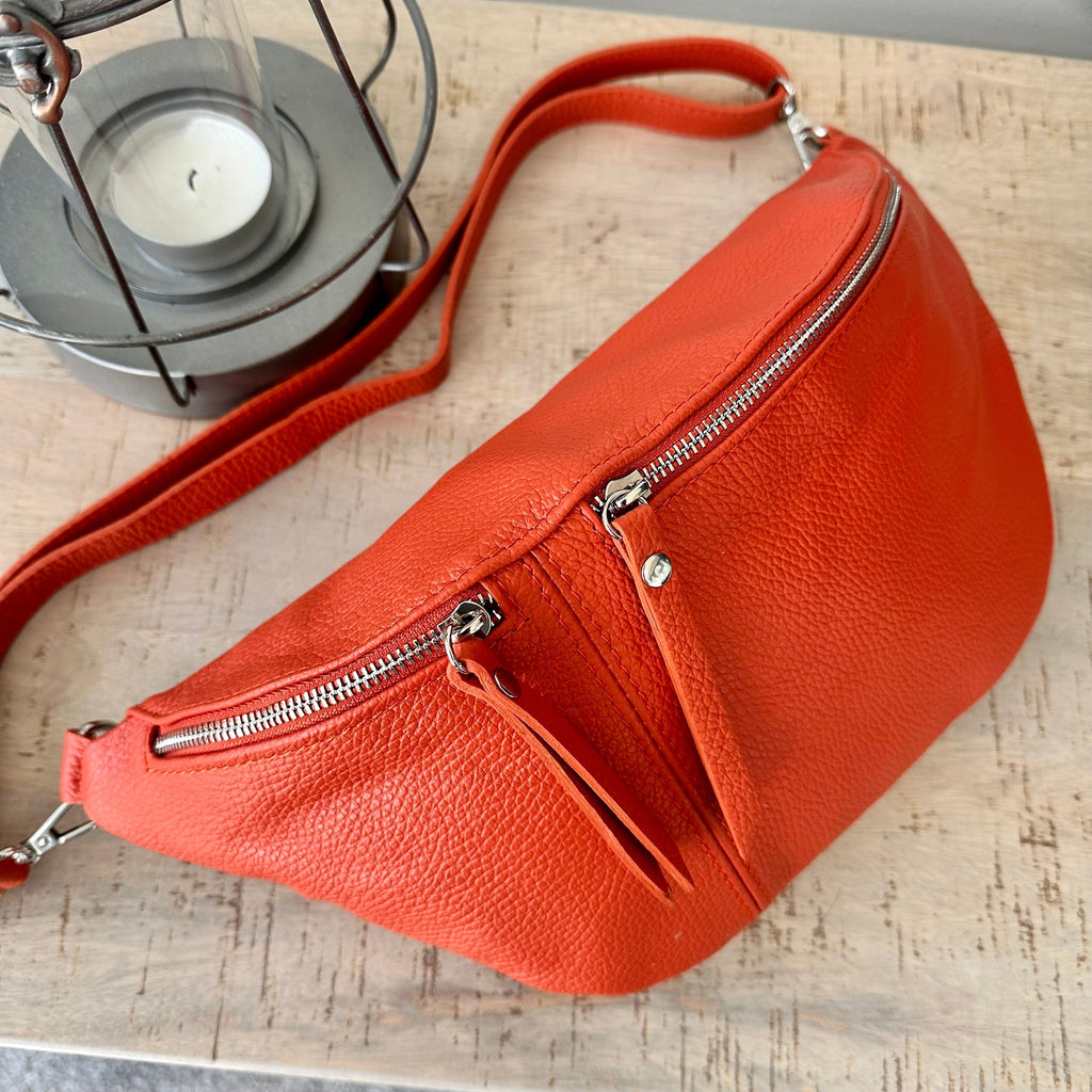 lusciousscarves Orange Italian Leather Sling Bag / Chest Bag