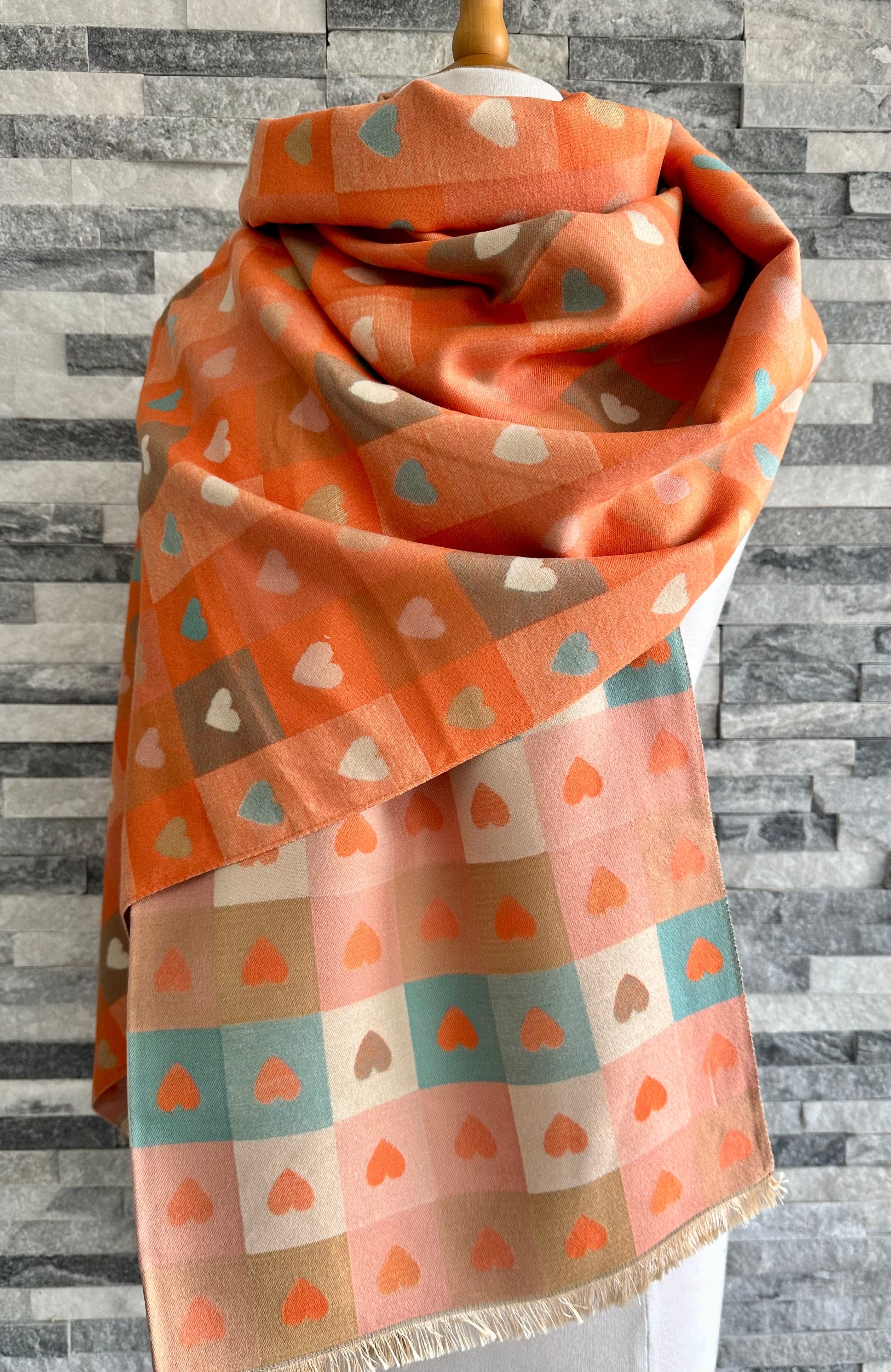 lusciousscarves Orange Reversible Hearts and Check Design Scarf