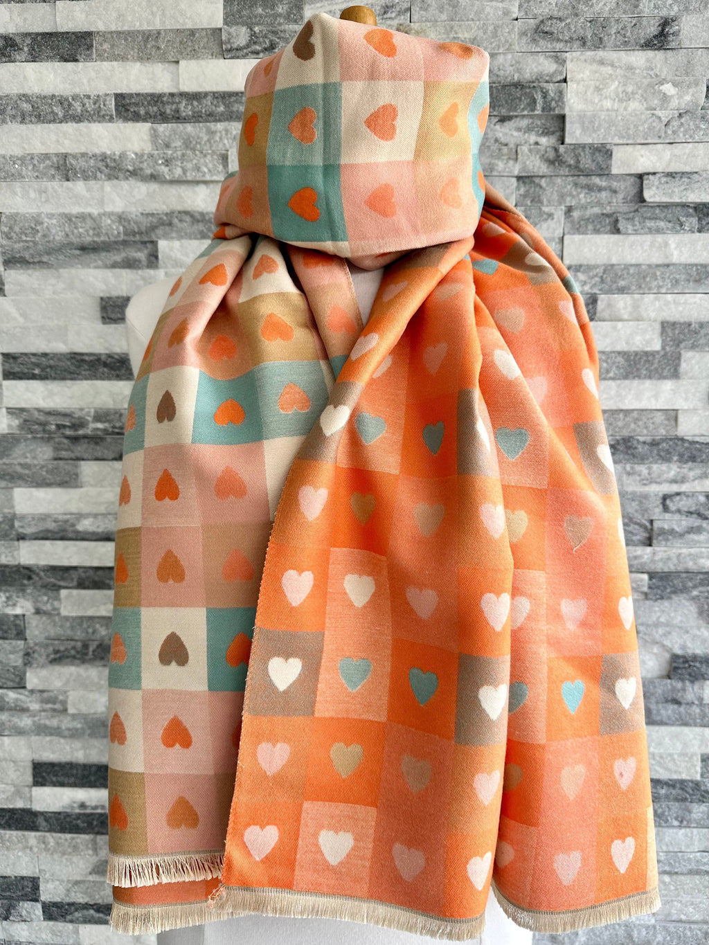 lusciousscarves Orange Reversible Hearts and Check Design Scarf