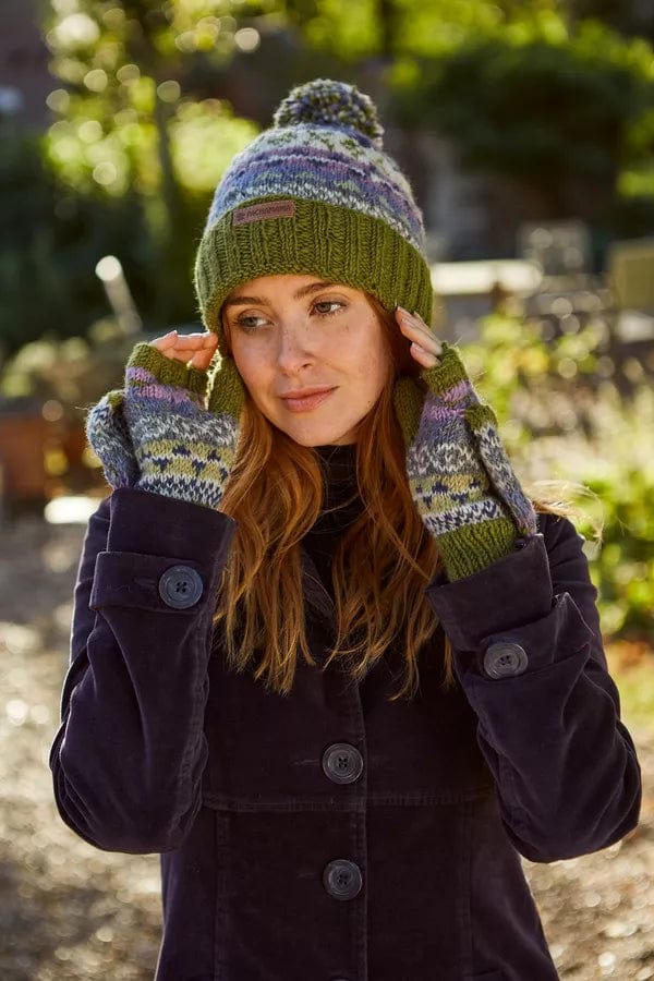 lusciousscarves Pachamama Classic Fair Isle (previously named Finisterre ) Roll  Back Bobble Beanie , Womens Handknitted Olive Green .