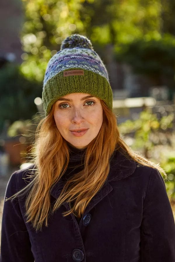 lusciousscarves Pachamama Classic Fair Isle (previously named Finisterre ) Roll  Back Bobble Beanie , Womens Handknitted Olive Green .