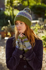 Load image into Gallery viewer, lusciousscarves Pachamama Classic Fair Isle (previously named Finisterre ) Roll  Back Bobble Beanie , Womens Handknitted Olive Green .
