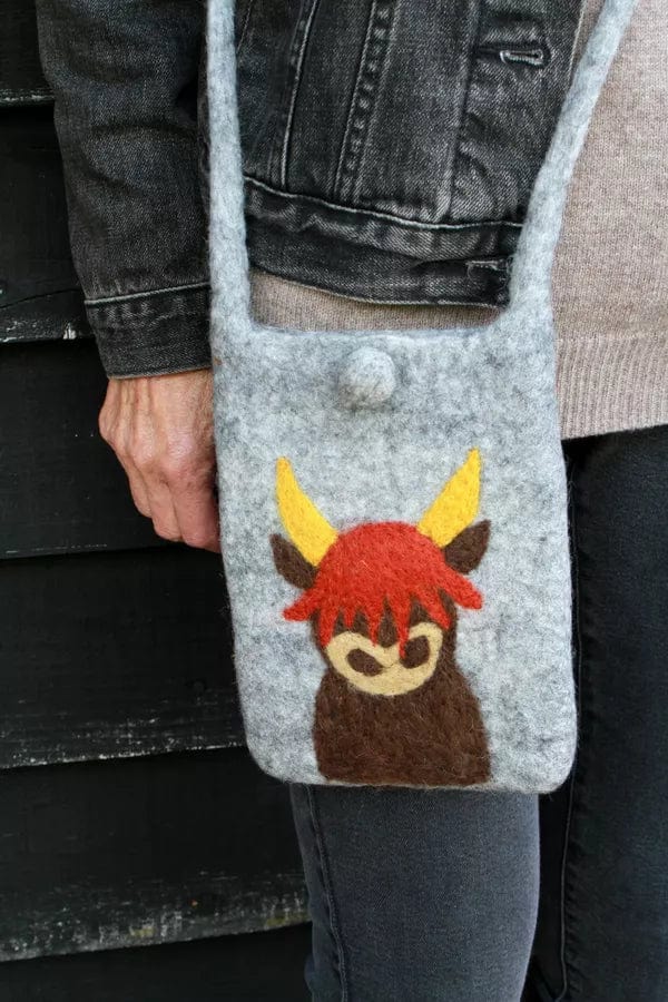 lusciousscarves Pachamama Hand Felted Highland Cow Design Small Mobile Shoulder Bag