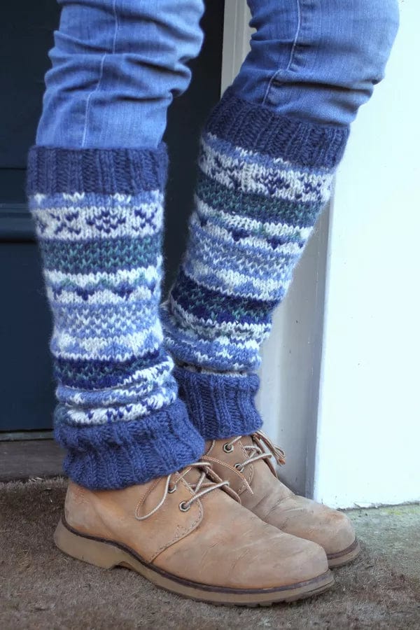 lusciousscarves Pachamama Handknitted Classic Fairisle ( Previously Named Finisterre )Denim Blue Legwarmers , Fairtrade