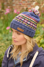Load image into Gallery viewer, lusciousscarves Pachamama Iona Roll Back Bobble Beanie Denim, Handknitted Womens
