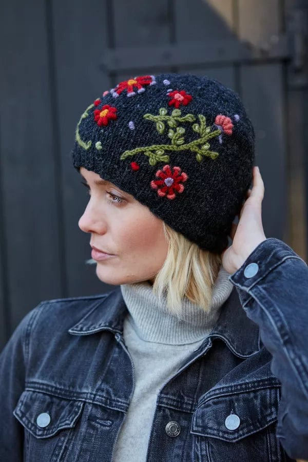 lusciousscarves Pachamama Lugano Hand Knitted Beanie Hat , Black with Embroidered Flowers
