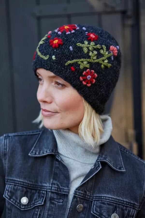 lusciousscarves Pachamama Lugano Hand Knitted Beanie Hat , Black with Embroidered Flowers