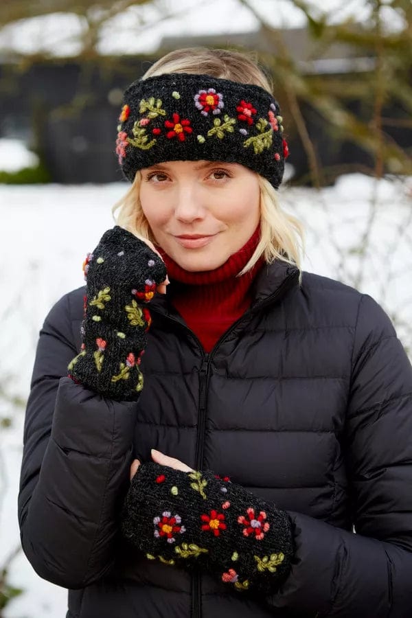 lusciousscarves Pachamama Lugano Hand Knitted Headband , Black with Embroidered Flowers