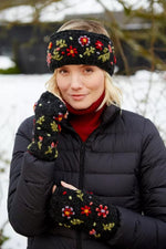 Load image into Gallery viewer, lusciousscarves Pachamama Lugano Hand Knitted Headband , Black with Embroidered Flowers
